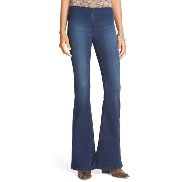 Free People Womens Penny Pull On Flare Jeans Blue Stretch Denim Mid Rise size 25 - Picture 1 of 14